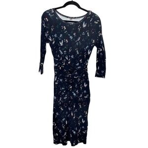 Weekend Max Mara Midi Bird Dress Floral Ruched Long Sleeve Round Neck Navy Small